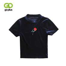 Load image into Gallery viewer, GOPLUS Velvet Sexy Crop Top Floral Embroidery Women T-shirt Slim Tshirt Harajuku Cropped Basic Tee Shirts Women Vintage Tops