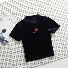 Load image into Gallery viewer, GOPLUS Velvet Sexy Crop Top Floral Embroidery Women T-shirt Slim Tshirt Harajuku Cropped Basic Tee Shirts Women Vintage Tops