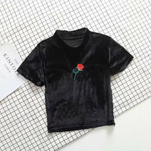 Load image into Gallery viewer, GOPLUS Velvet Sexy Crop Top Floral Embroidery Women T-shirt Slim Tshirt Harajuku Cropped Basic Tee Shirts Women Vintage Tops